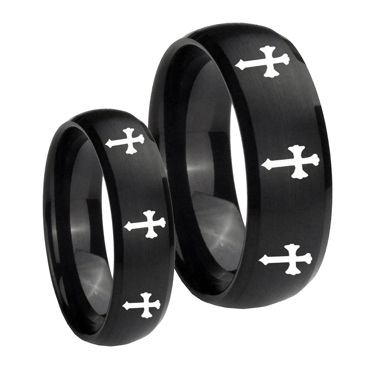 Multiple Christian Cross Dome Brush Black Tungsten Wedding Ring Sets