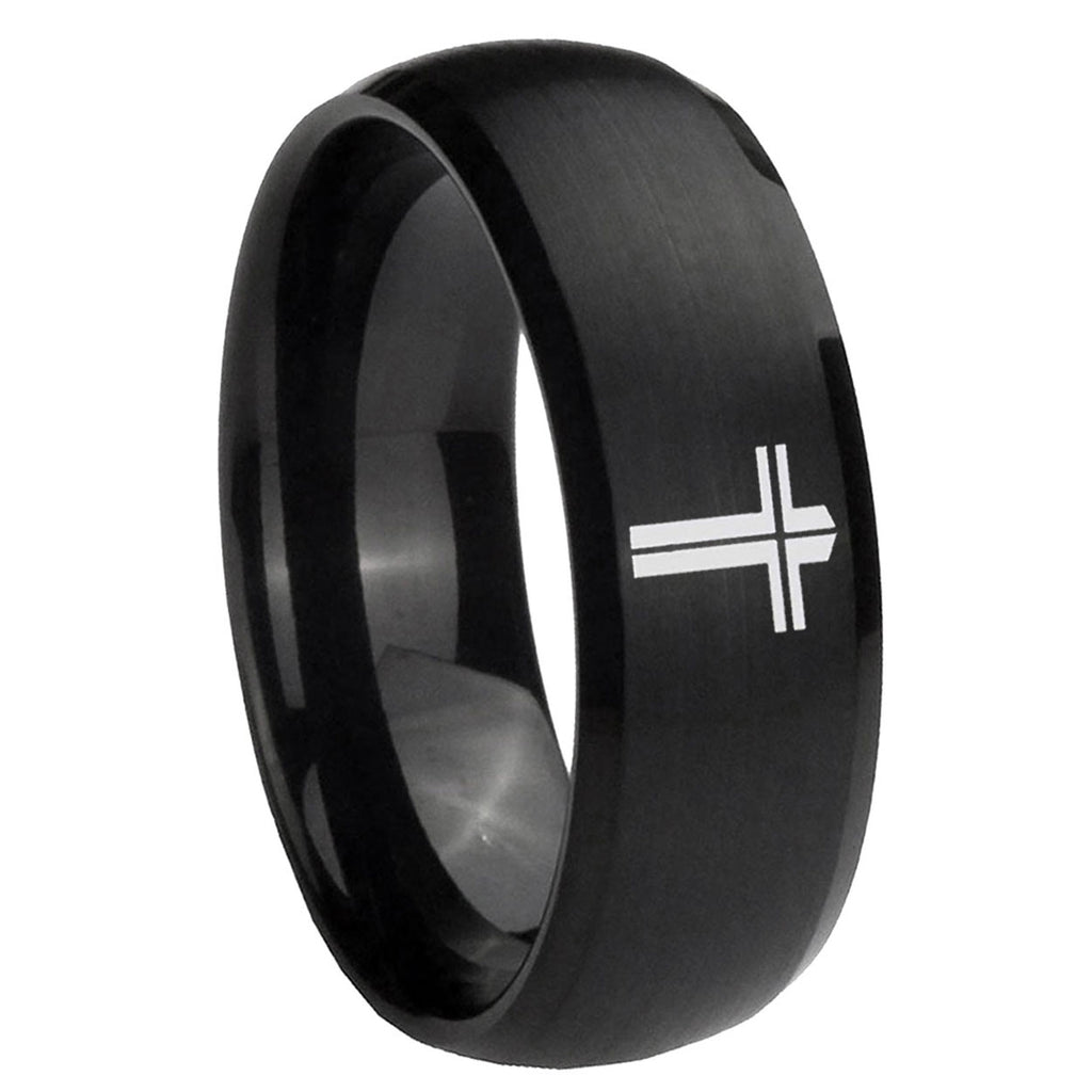 10mm Flat Christian Cross Dome Brush Black Tungsten Carbide Wedding Band Mens