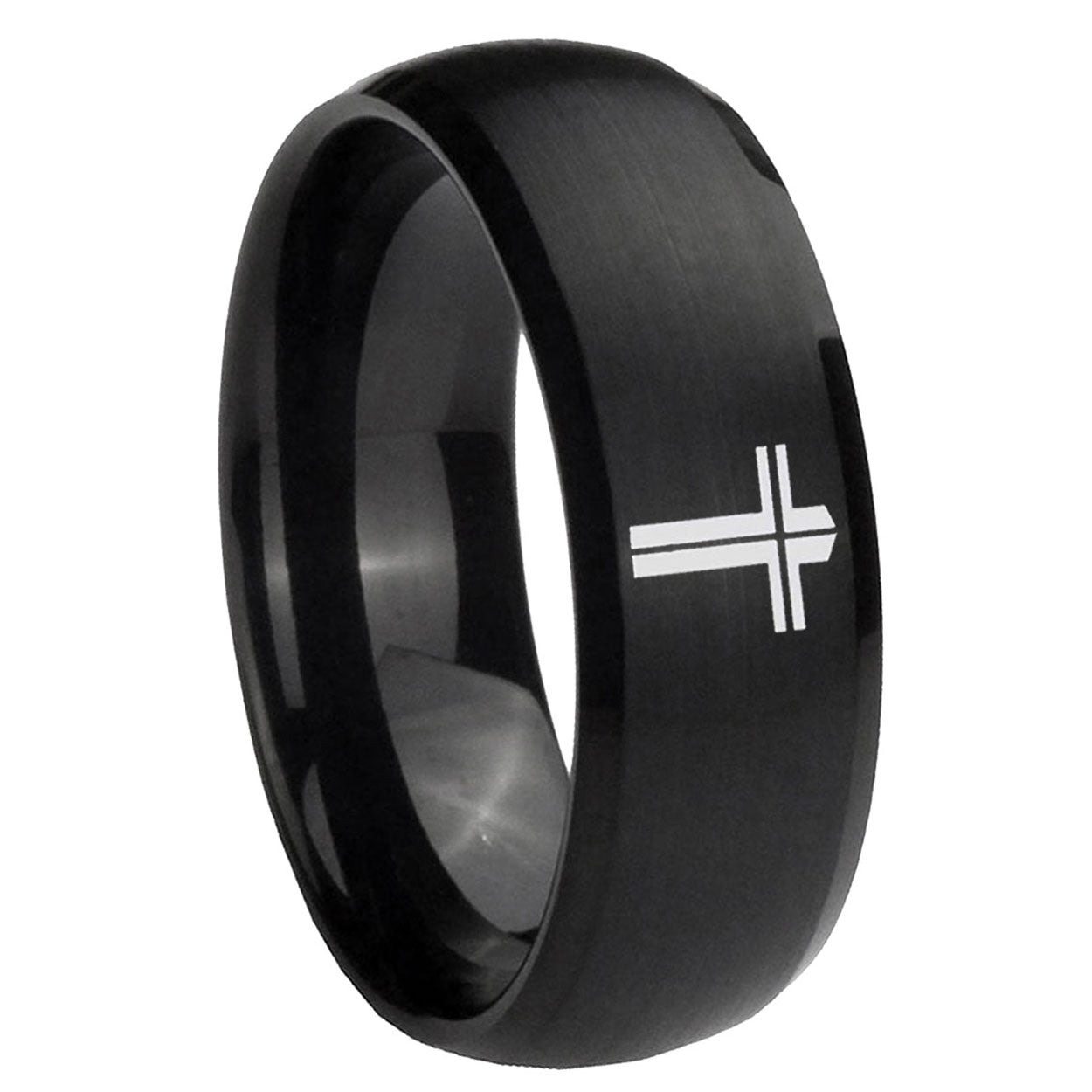 10mm Flat Christian Cross Dome Brush Black Tungsten Carbide Wedding Band Mens