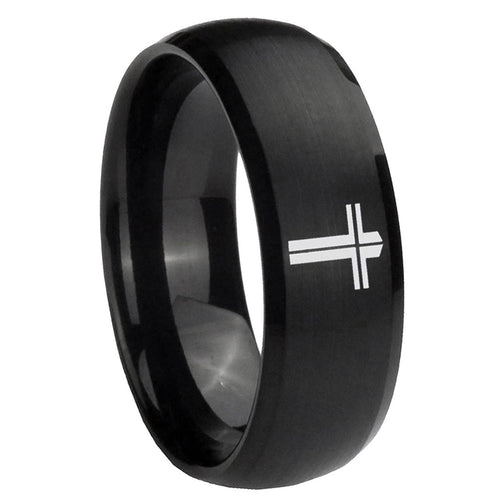 10mm Flat Christian Cross Dome Brush Black Tungsten Carbide Wedding Band Mens