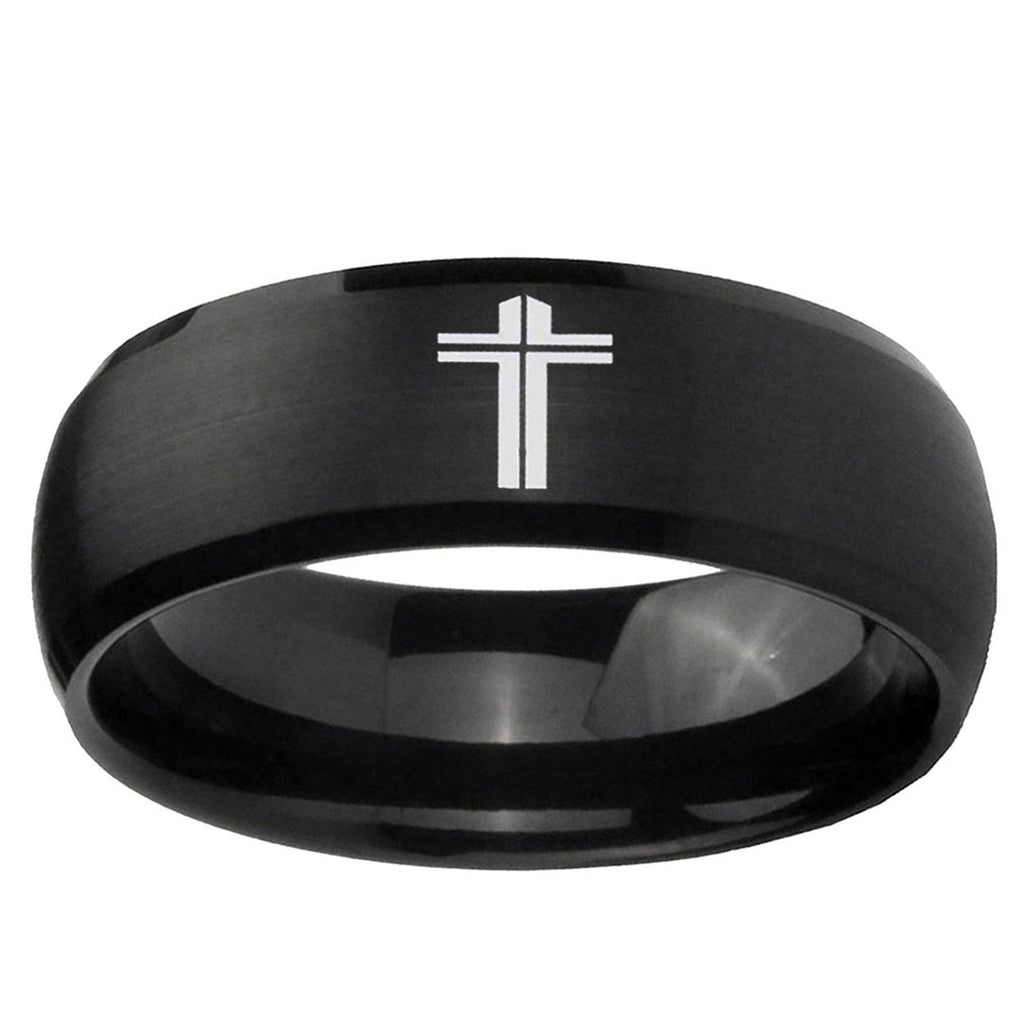 10mm Flat Christian Cross Dome Brush Black Tungsten Ring