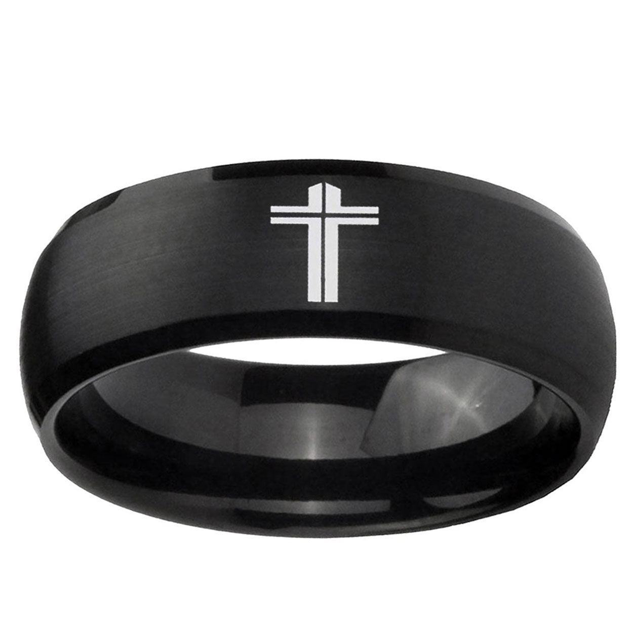 10mm Flat Christian Cross Dome Brush Black Tungsten Ring