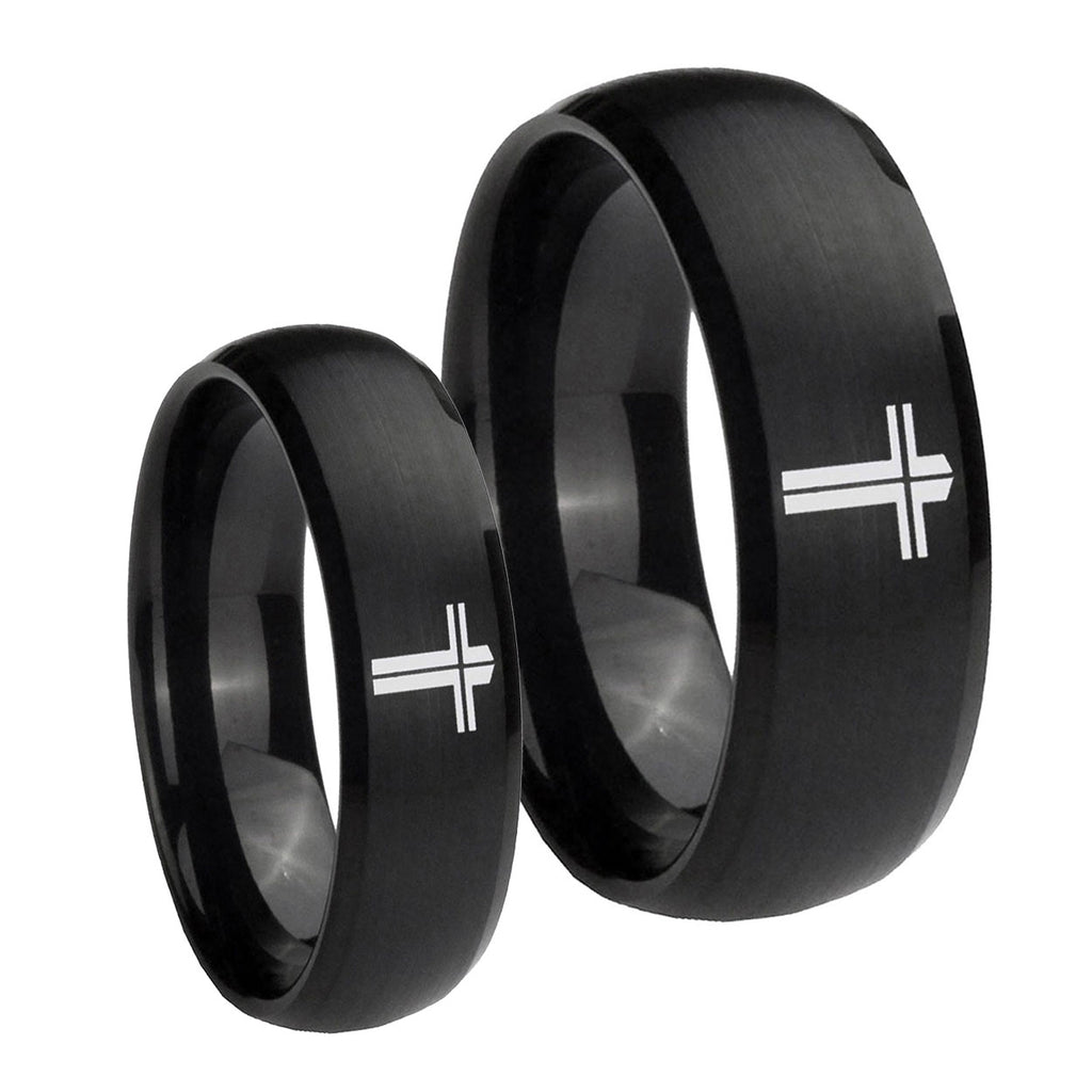 Flat Christian Cross Dome Brush Black Tungsten Couple Rings
