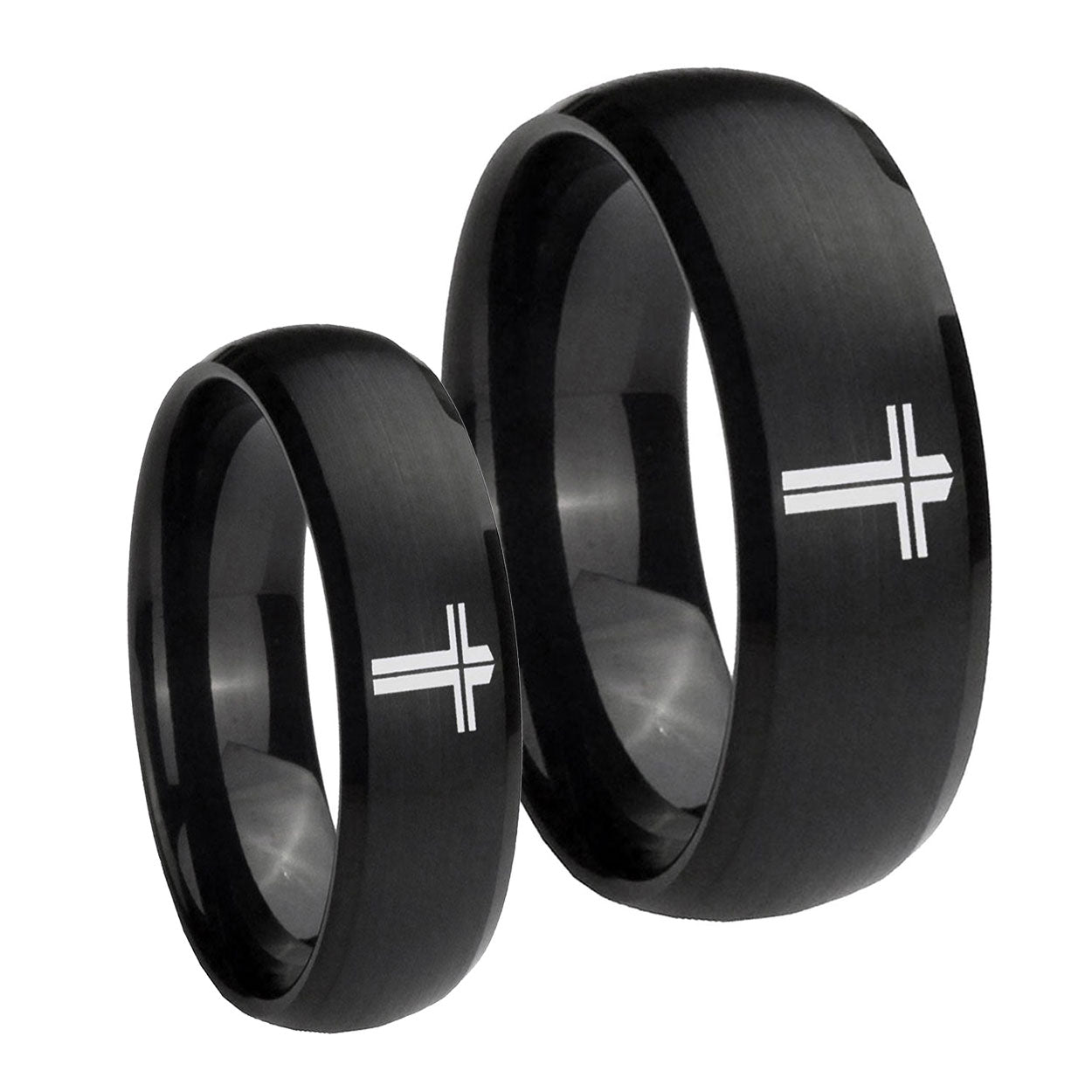Flat Christian Cross Dome Brush Black Tungsten Couple Rings