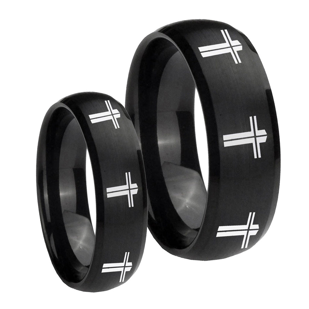 Multiple Christian Cross Dome Brush Black Tungsten Mens Band Set