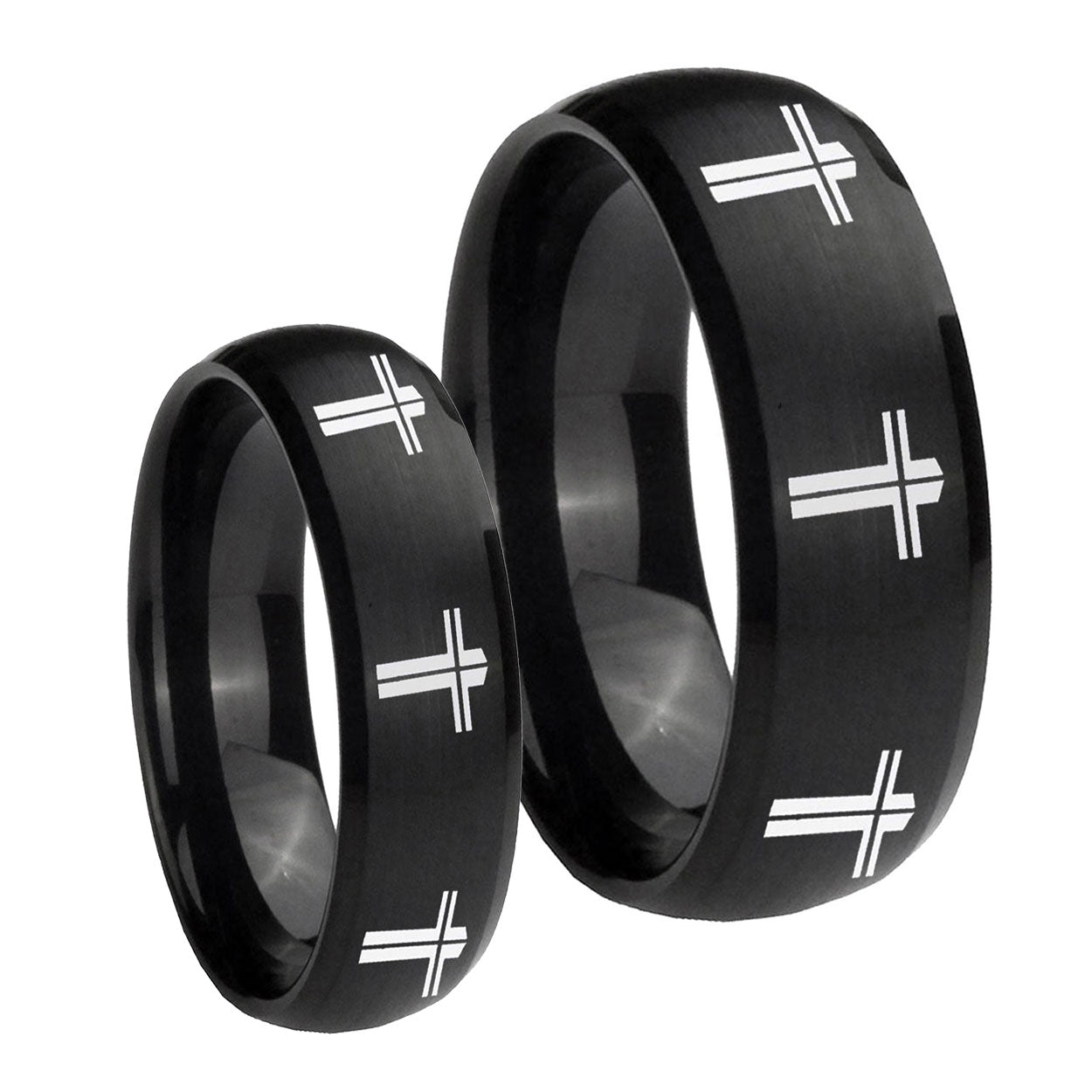 Multiple Christian Cross Dome Brush Black Tungsten Mens Band Set