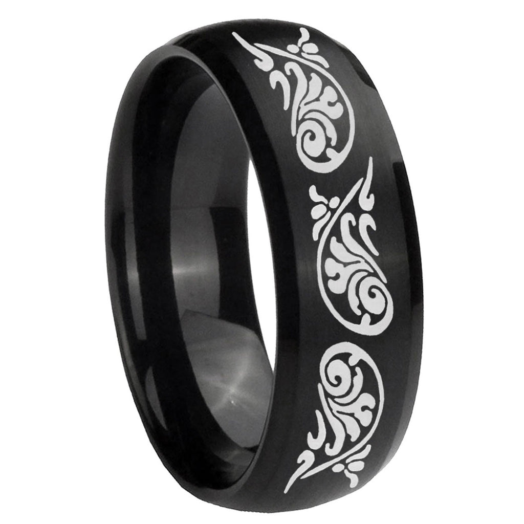 10mm Etched Tribal Pattern Dome Brush Black Tungsten Carbide Engagement Ring