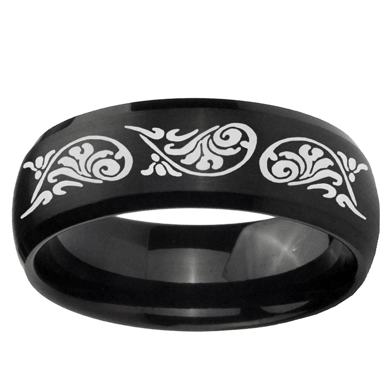 10mm Etched Tribal Pattern Dome Brush Black Tungsten Ring