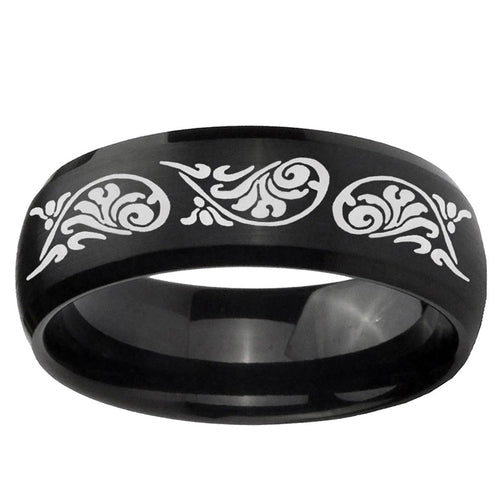 10mm Etched Tribal Pattern Dome Brush Black Tungsten Ring