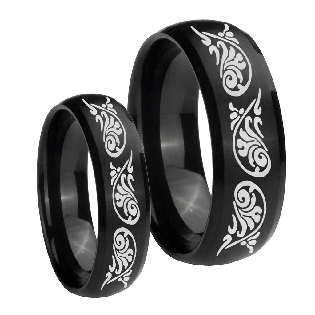 Etched Tribal Pattern Dome Brush Black Tungsten Couple Band Set