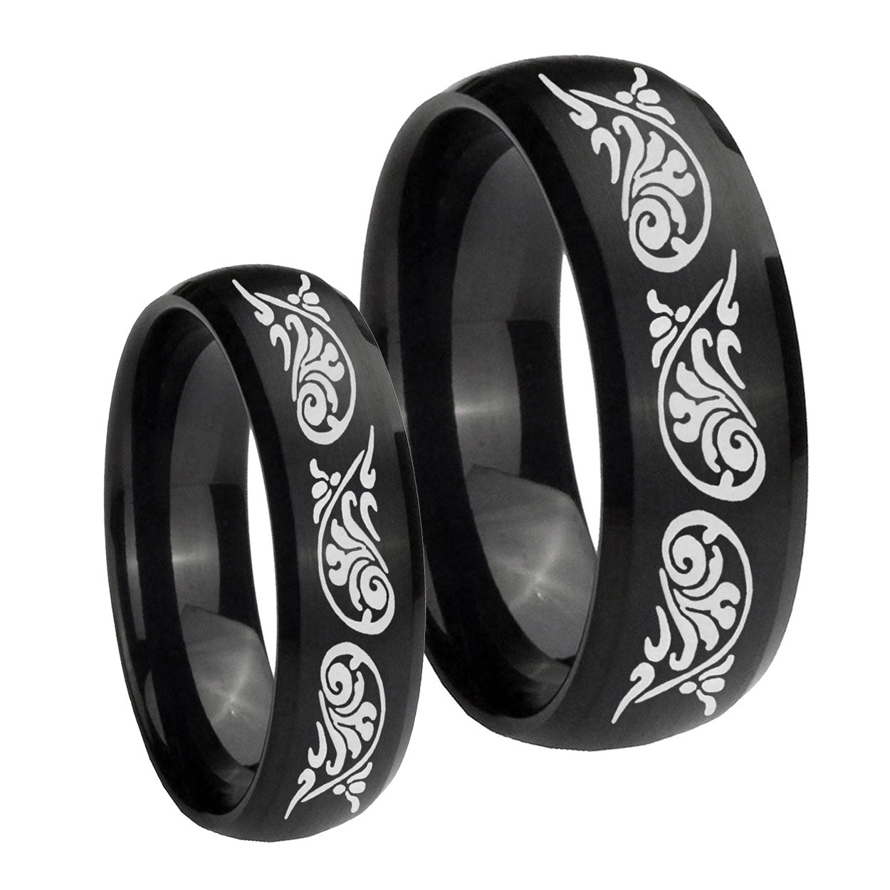 Etched Tribal Pattern Dome Brush Black Tungsten Couple Band Set