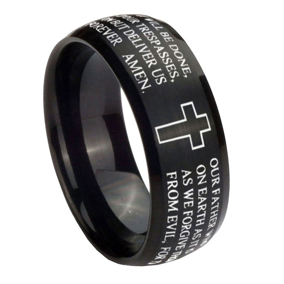 10mm-Etched-Lord's-Prayer-Cross-Dome-Brush-Black-Tungsten-Carbide-Men's-Engagement-Band