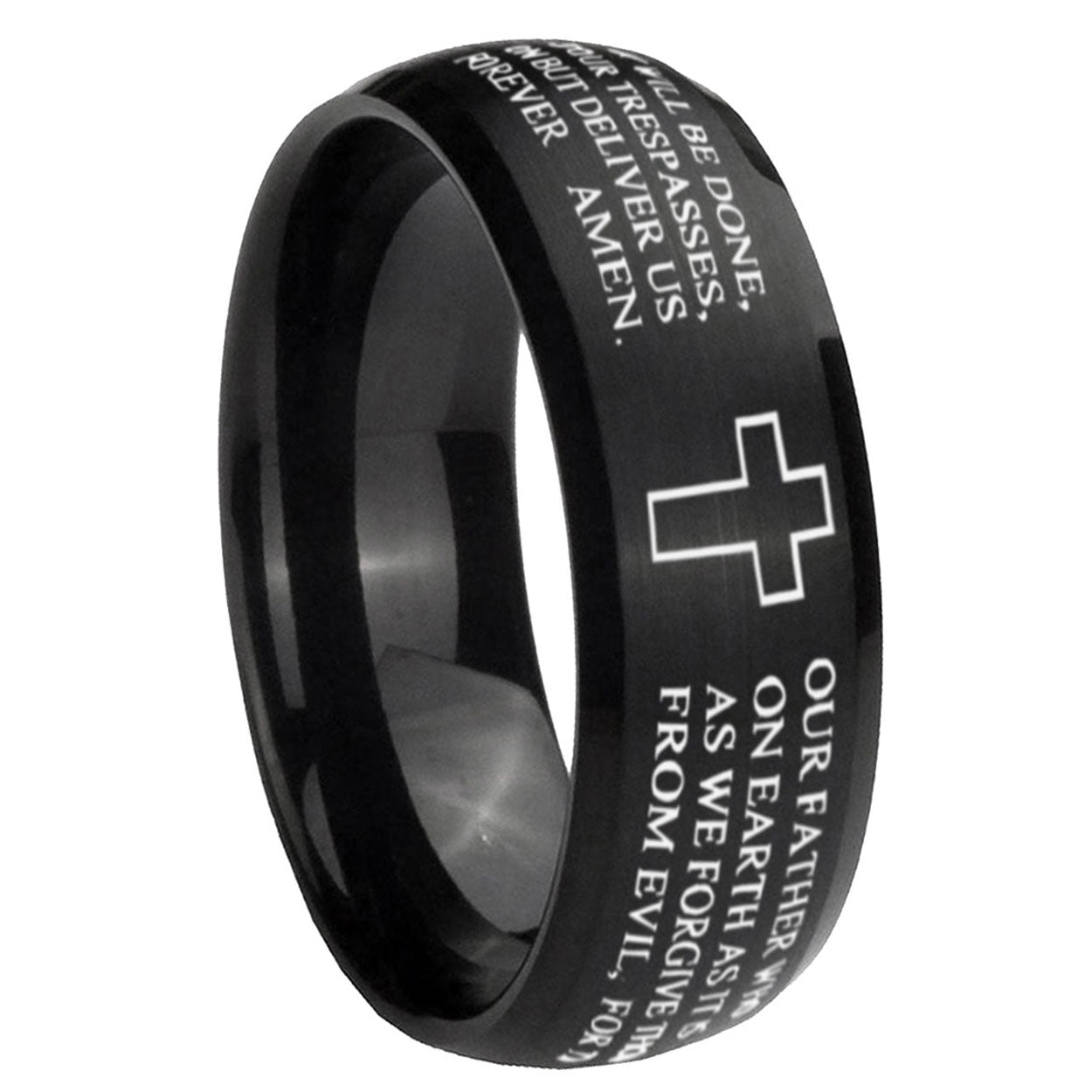 10mm Etched Lord's Prayer Cross Dome Brush Black Tungsten Carbide Men's Engagement Band