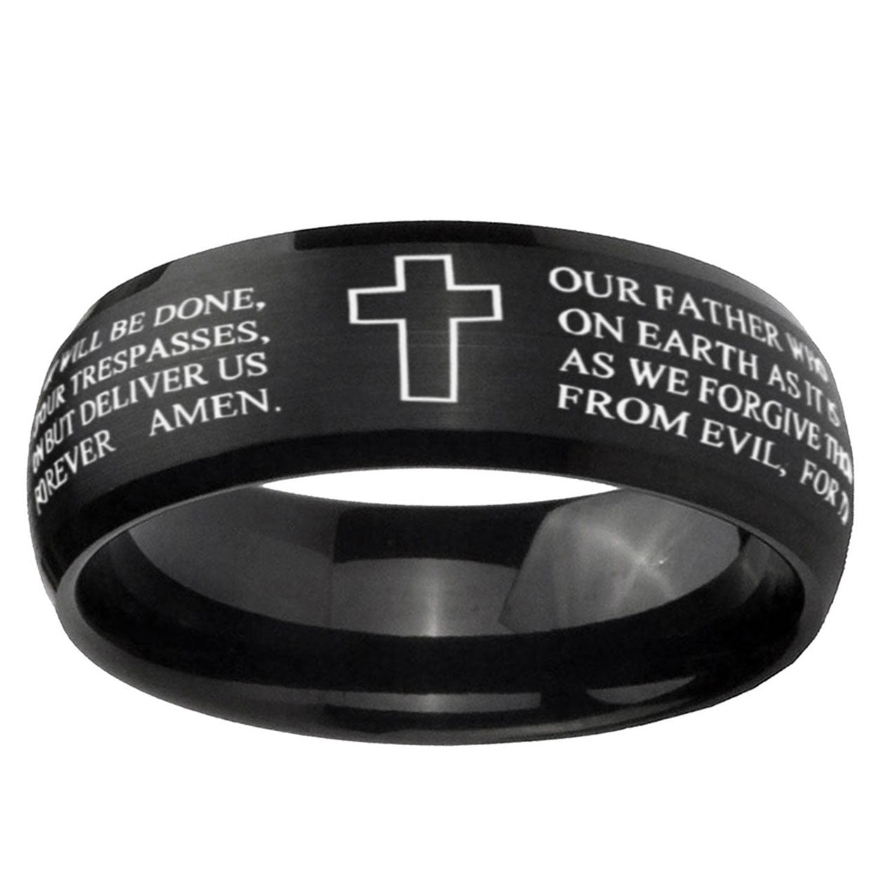5MMBible Lord's Prayer Cross Dome Brush Black Tungsten Ring