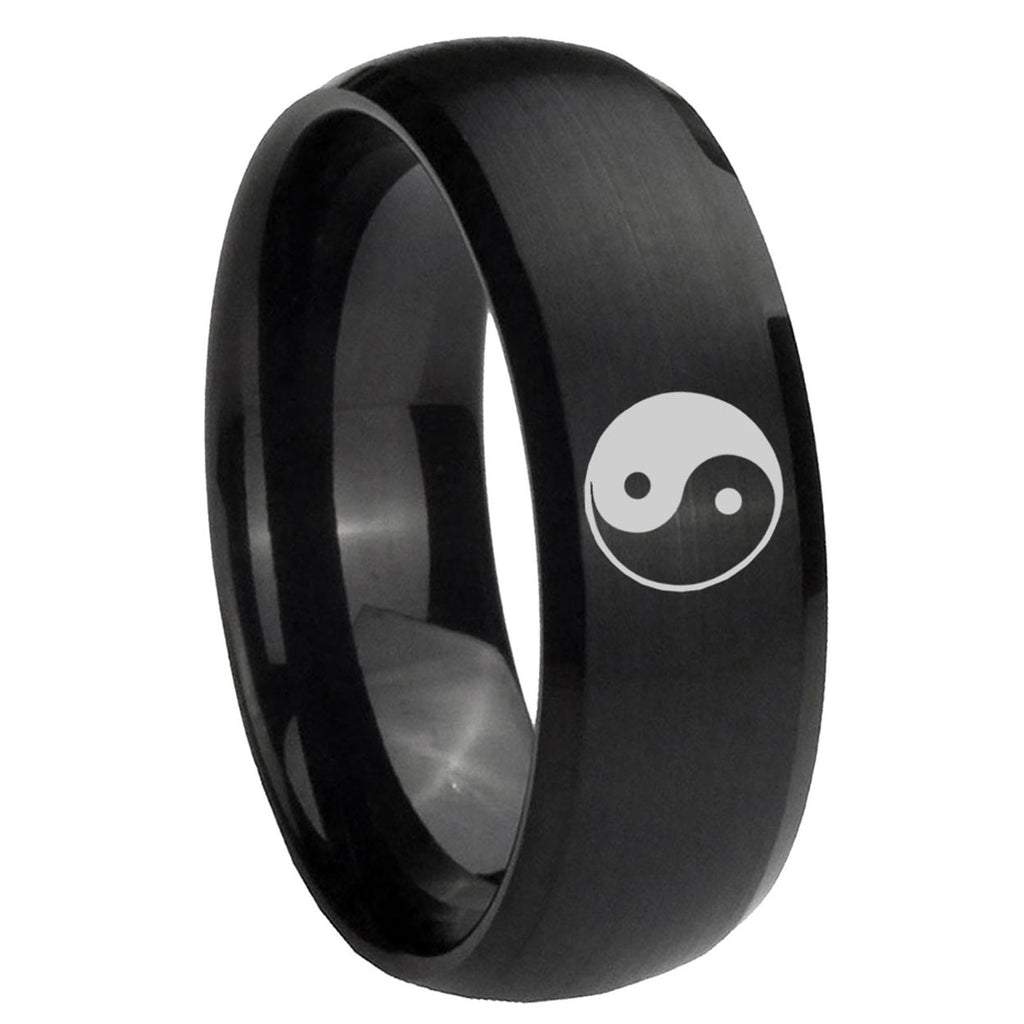 10mm Yin Yang Dome Brush Black Tungsten Carbide Wedding Band Mens