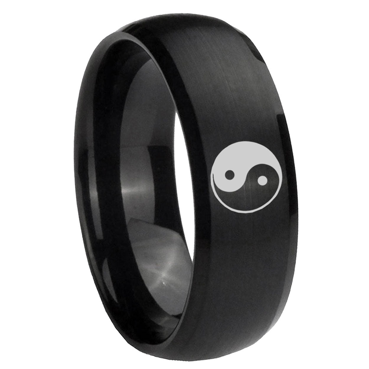 10mm Yin Yang Dome Brush Black Tungsten Carbide Wedding Band Mens