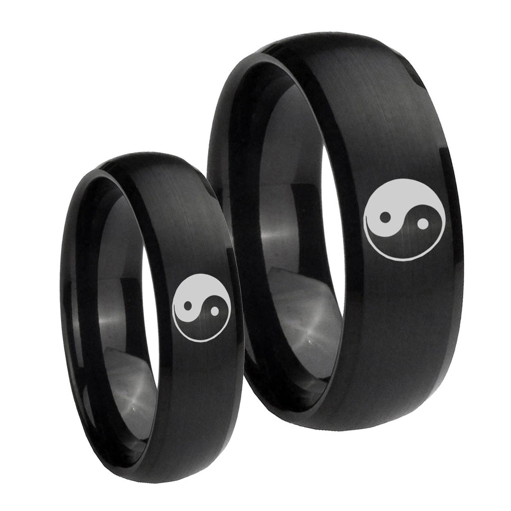 Yin Yang Dome Brush Black Tungsten Mens Set Ring