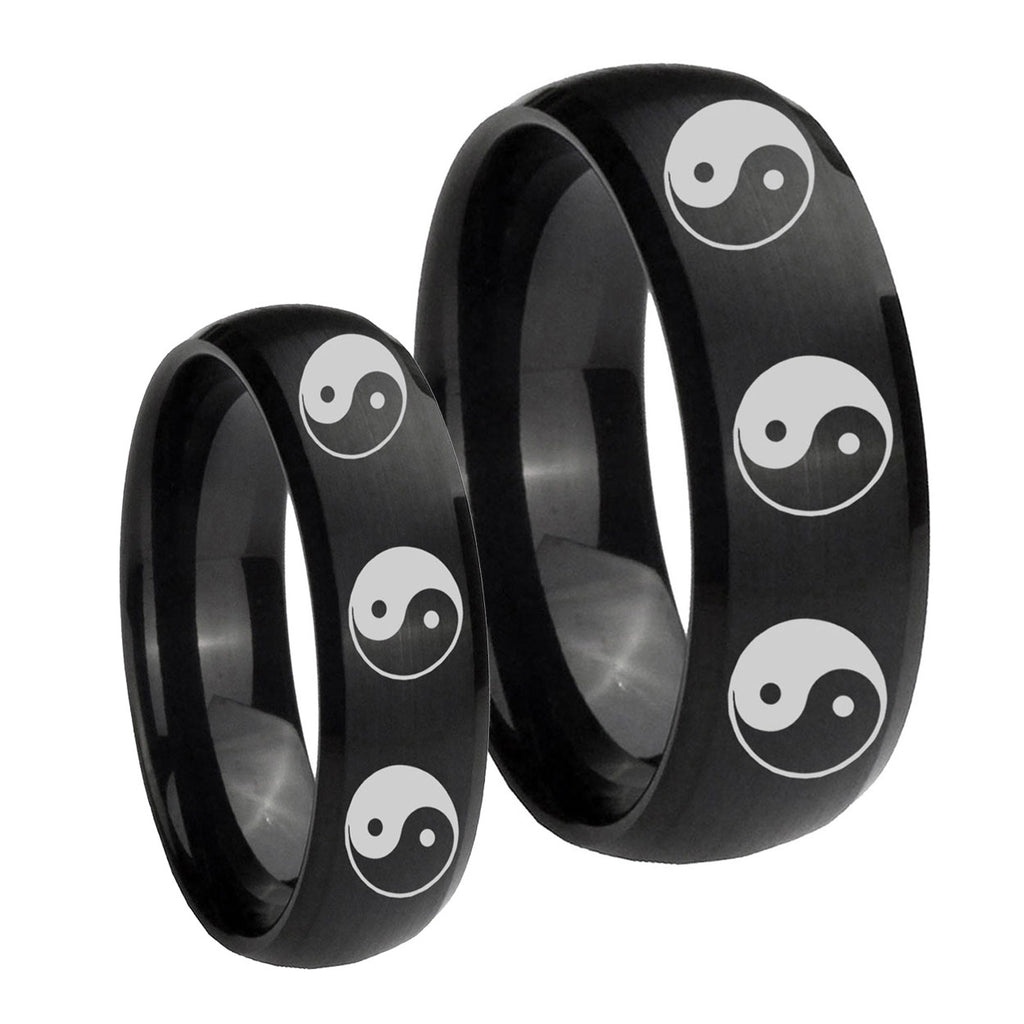 Multiple Yin Yang Dome Brush Black Tungsten Wedding Set Ring