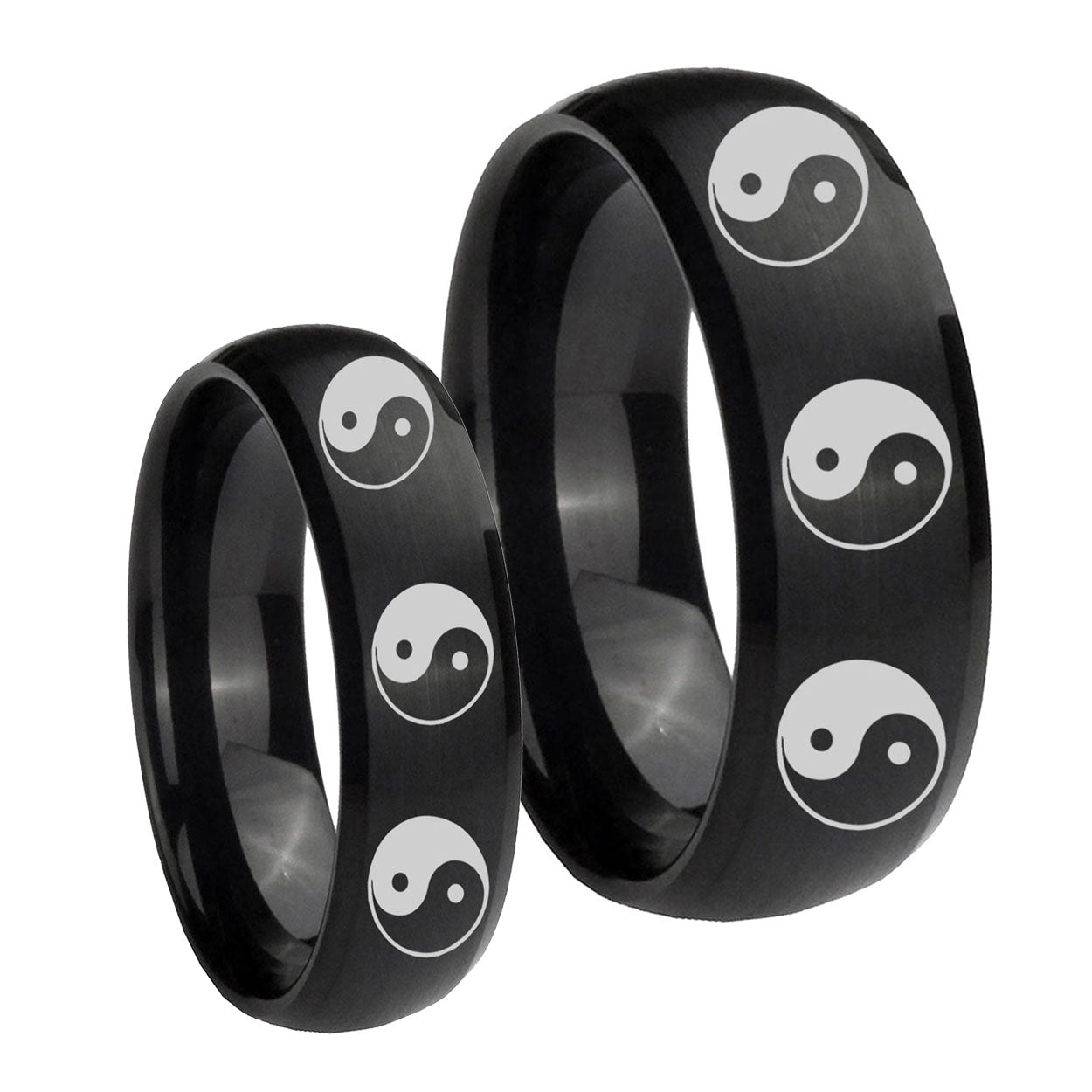 Multiple Yin Yang Dome Brush Black Tungsten Wedding Set Ring