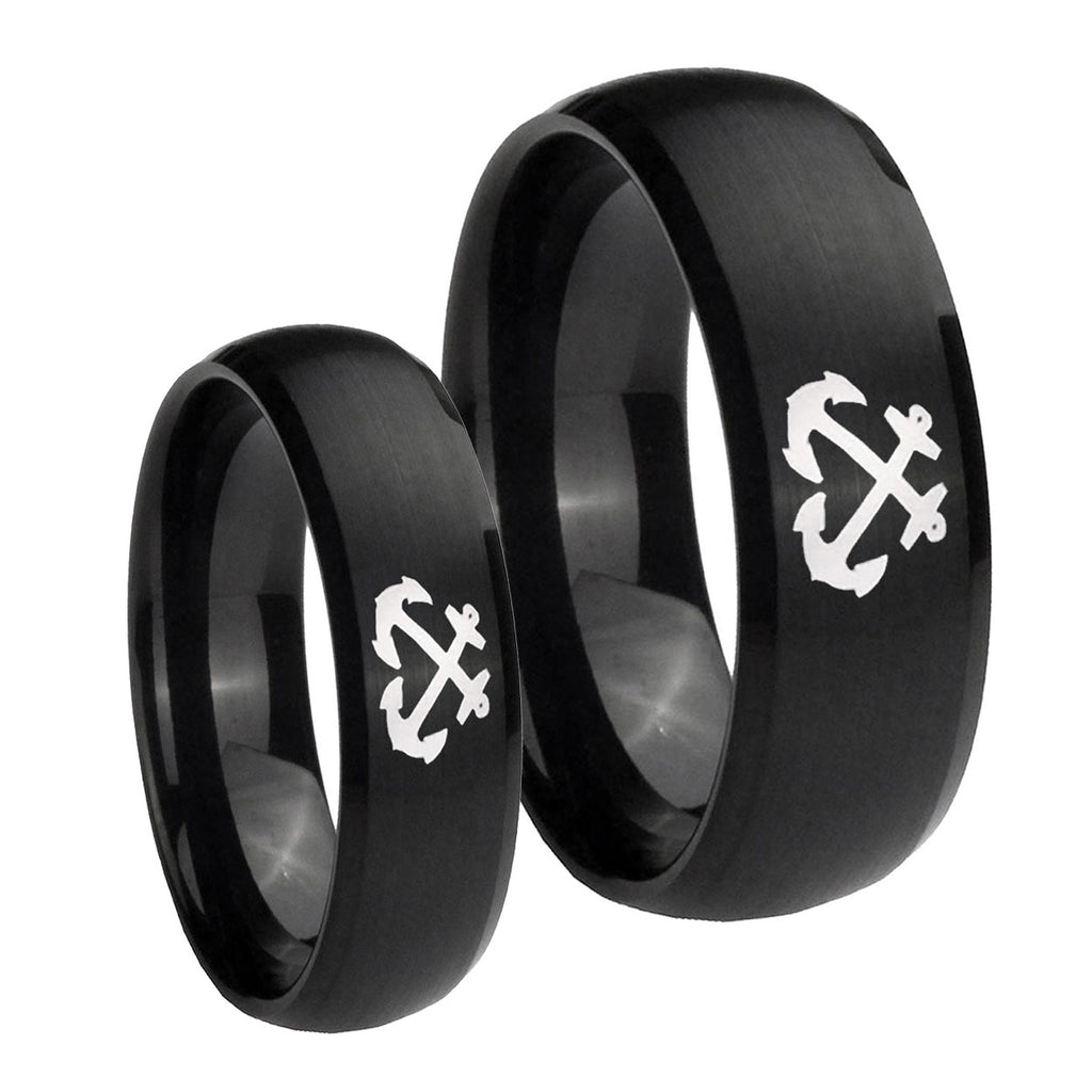 Anchor Dome Brush Black Tungsten Wedding Set Ring