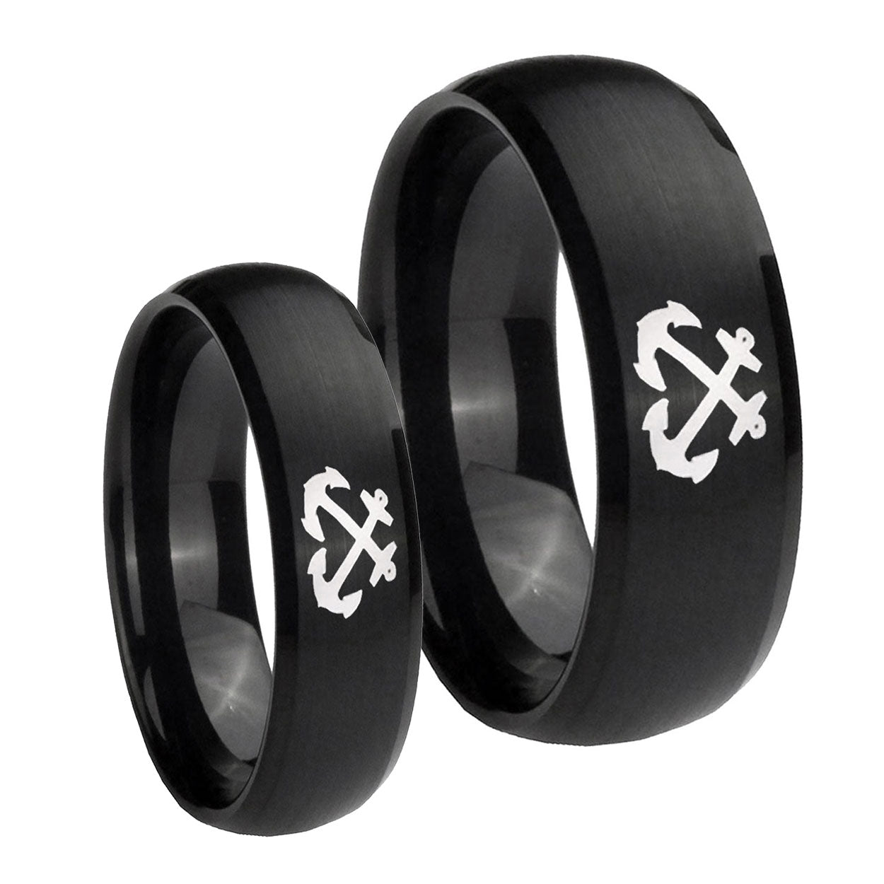 Anchor Dome Brush Black Tungsten Wedding Set Ring