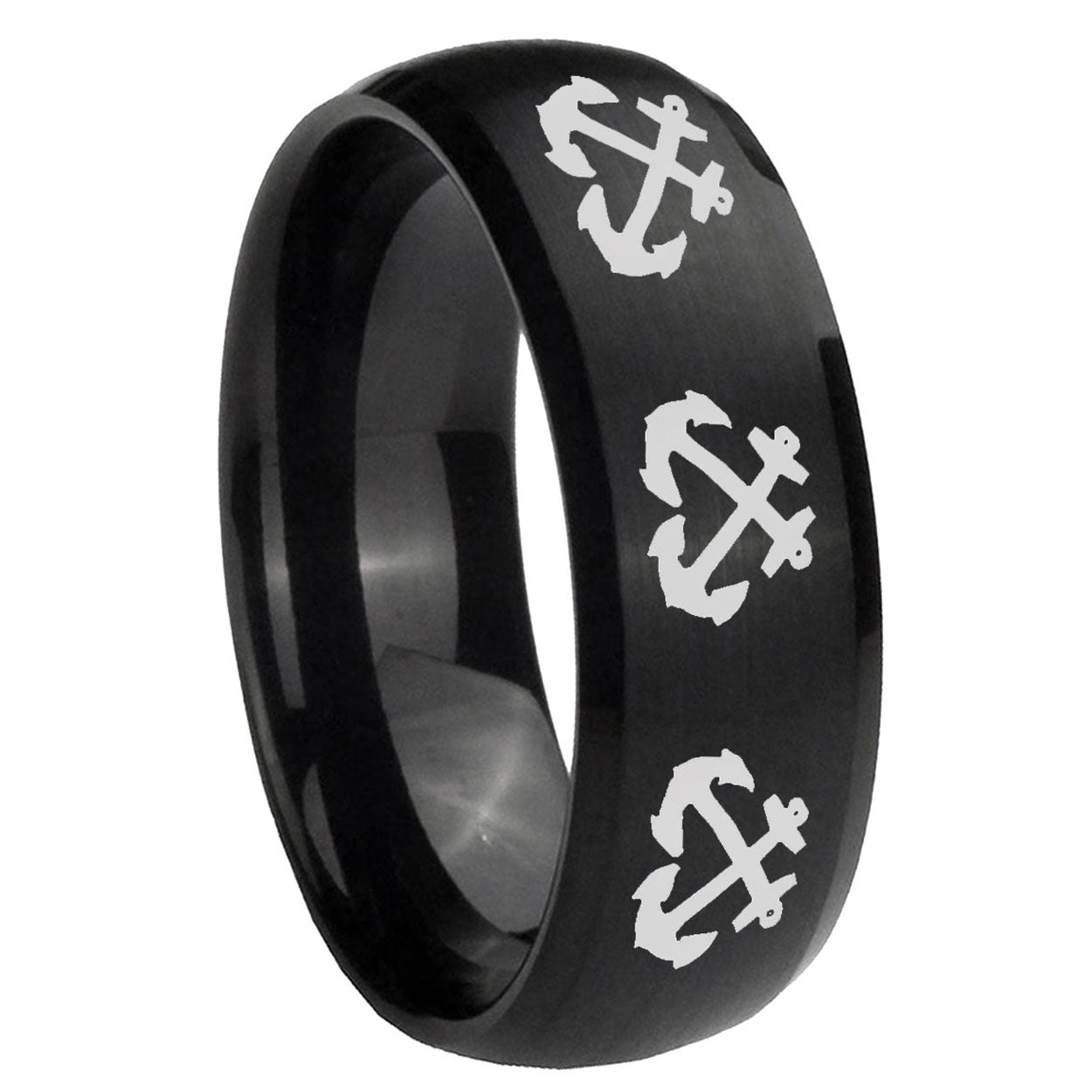 10mm Multiple Anchor Dome Brush Black Tungsten Carbide Wedding Band Mens