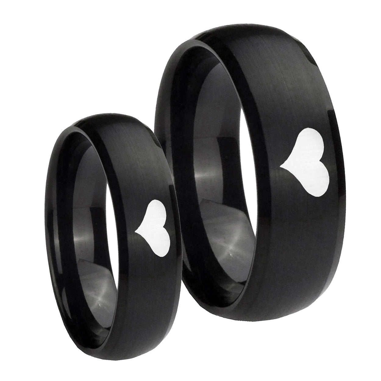 Heart Dome Brush Black Tungsten Wedding Ring Sets