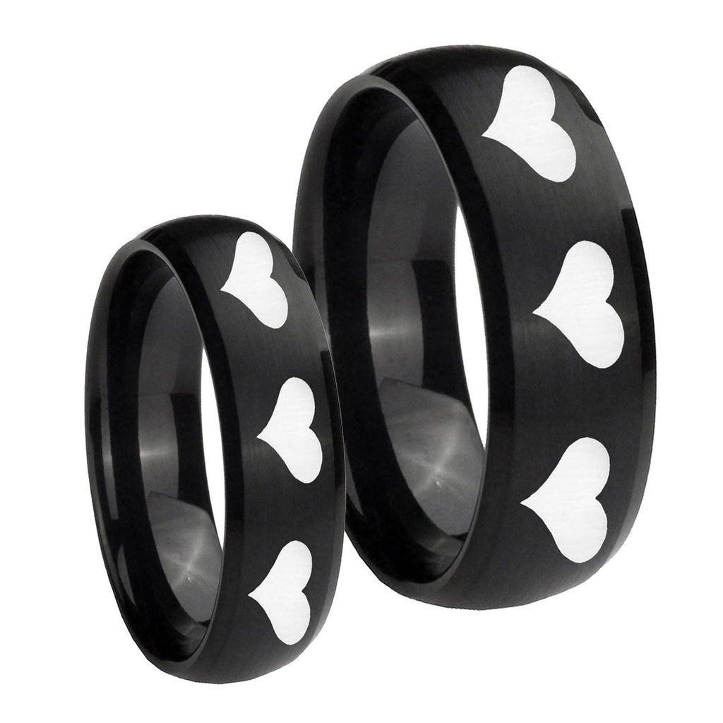 Multiple Heart Dome Brush Black Tungsten Couples Ring Set