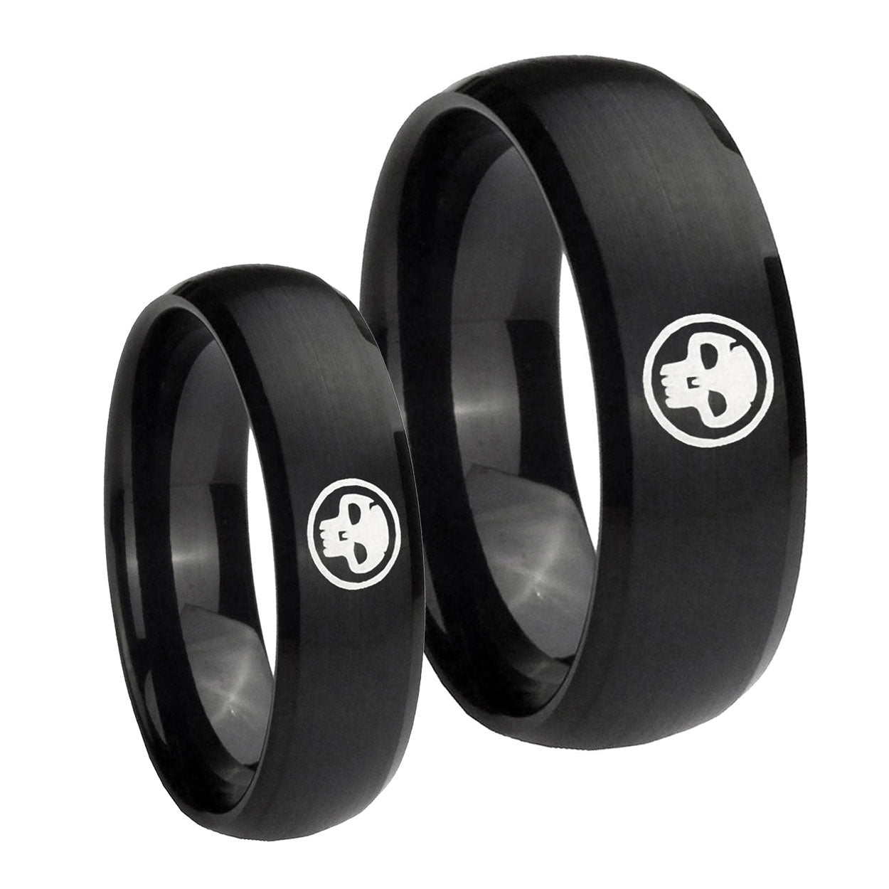 Skull Dome Brush Black Tungsten Couples Ring Set
