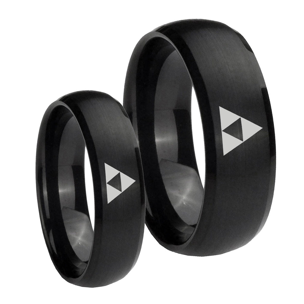 Zelda Triforce Dome Brush Black Tungsten Mens Ring Set
