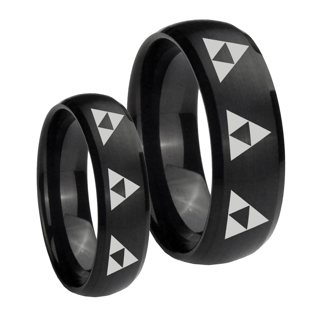 Multiple Zelda Triforce Dome Brush Black Tungsten Engagement Ring Set