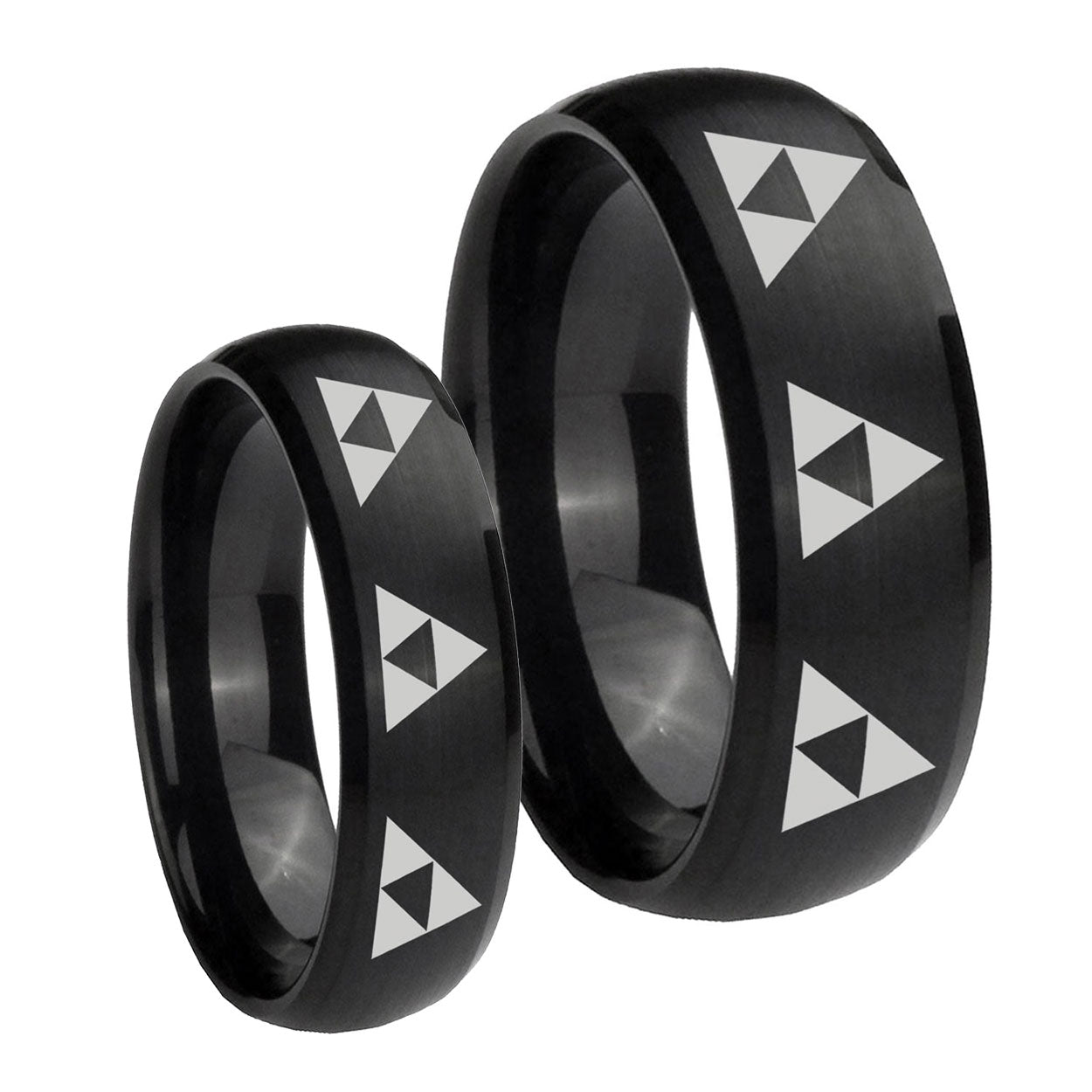 Multiple Zelda Triforce Dome Brush Black Tungsten Engagement Ring Set