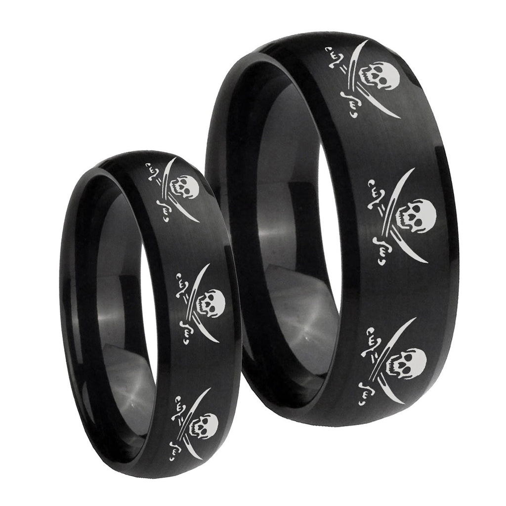 Multiple Skull Pirate Dome Brush Black Tungsten Wedding Ring Sets