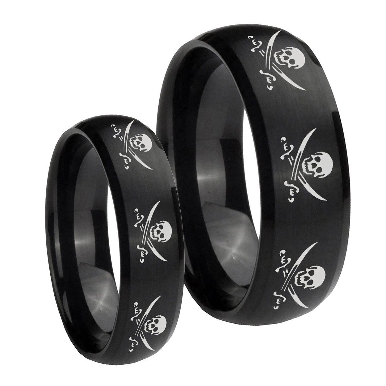 Multiple Skull Pirate Dome Brush Black Tungsten Wedding Ring Sets