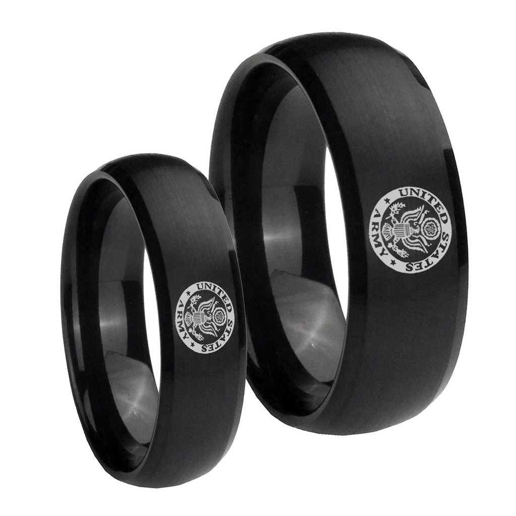 U.S. Army Dome Brush Black Tungsten His Hers Set Rings