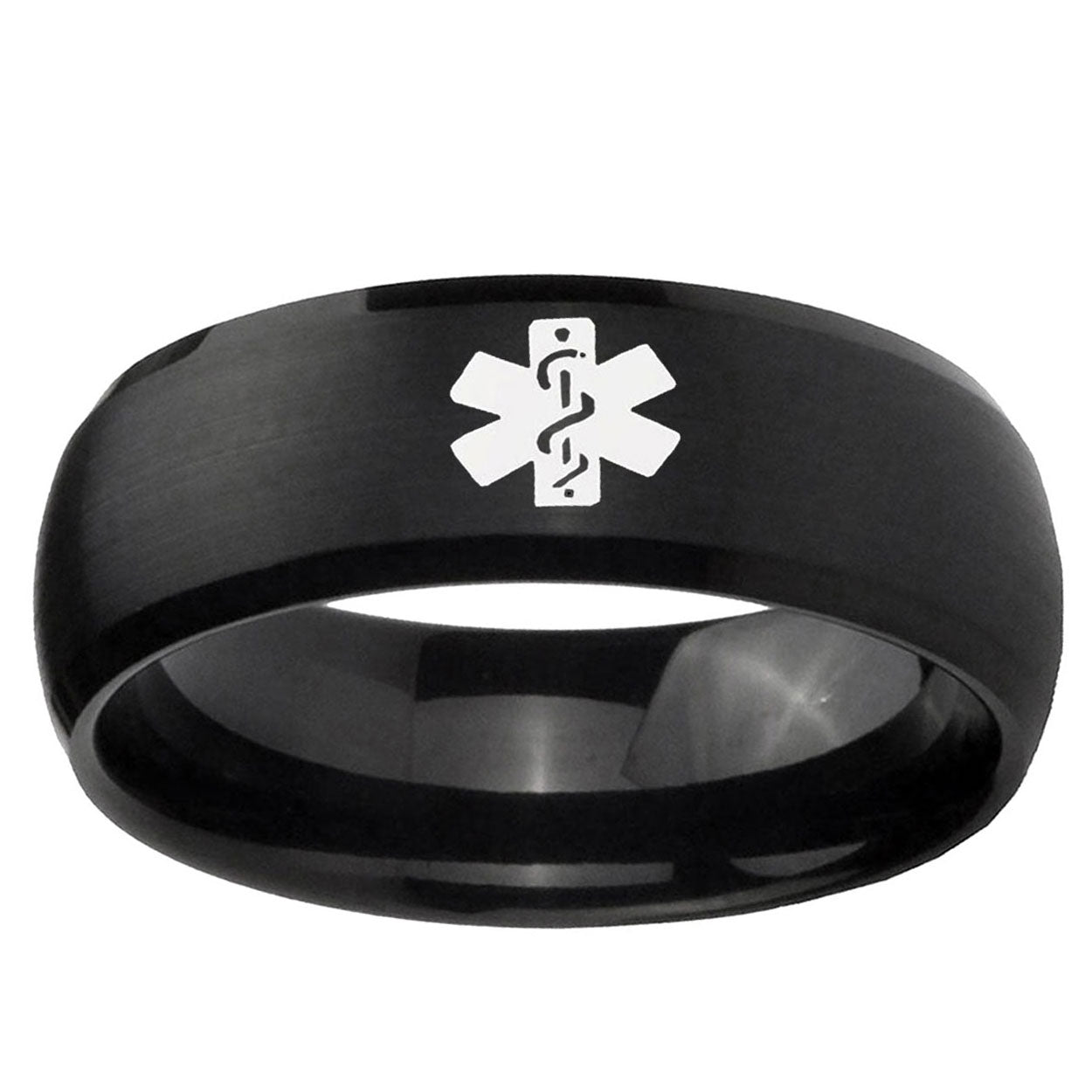 10mm Medical Alert Dome Brush Black Tungsten Ring