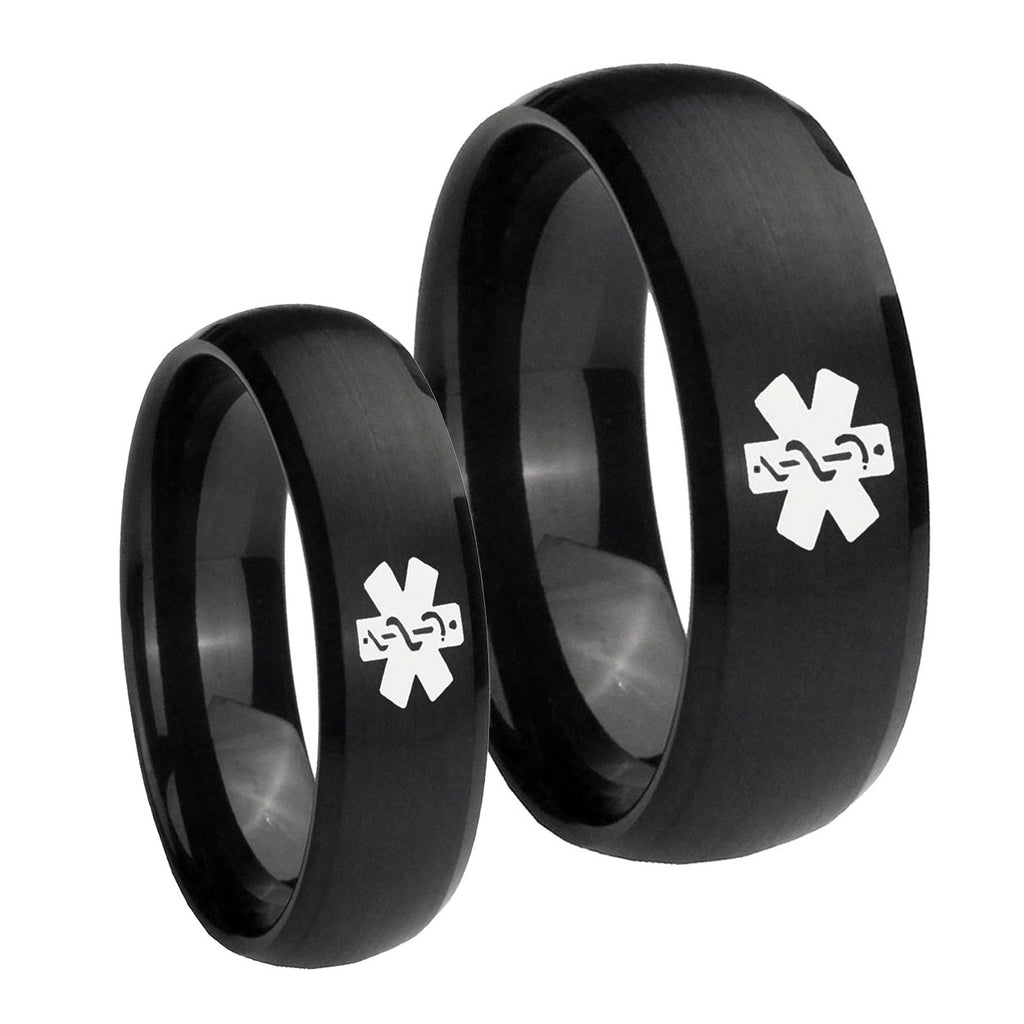 Medical Alert Dome Brush Black Tungsten Bridal Set Rings