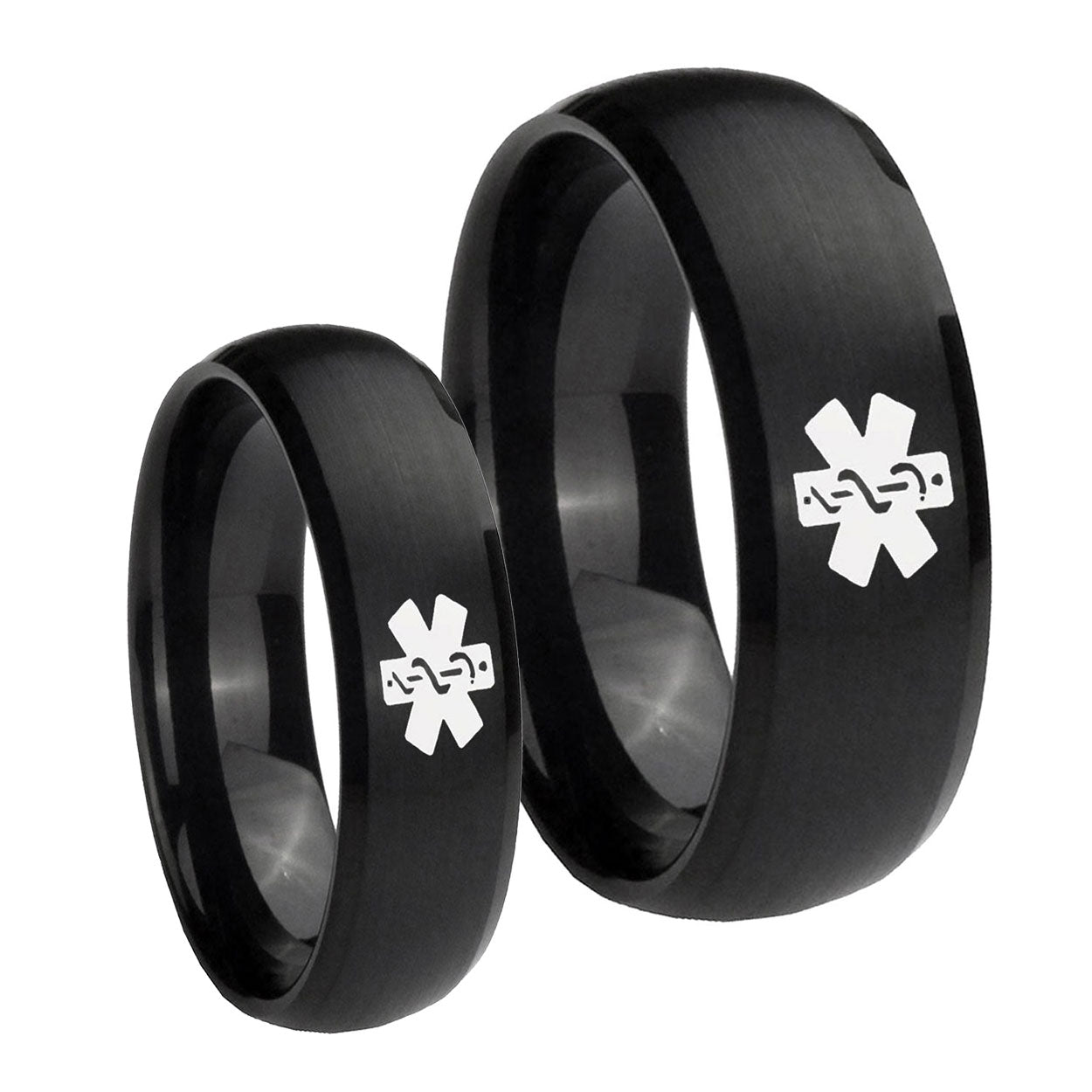 Medical Alert Dome Brush Black Tungsten Bridal Set Rings