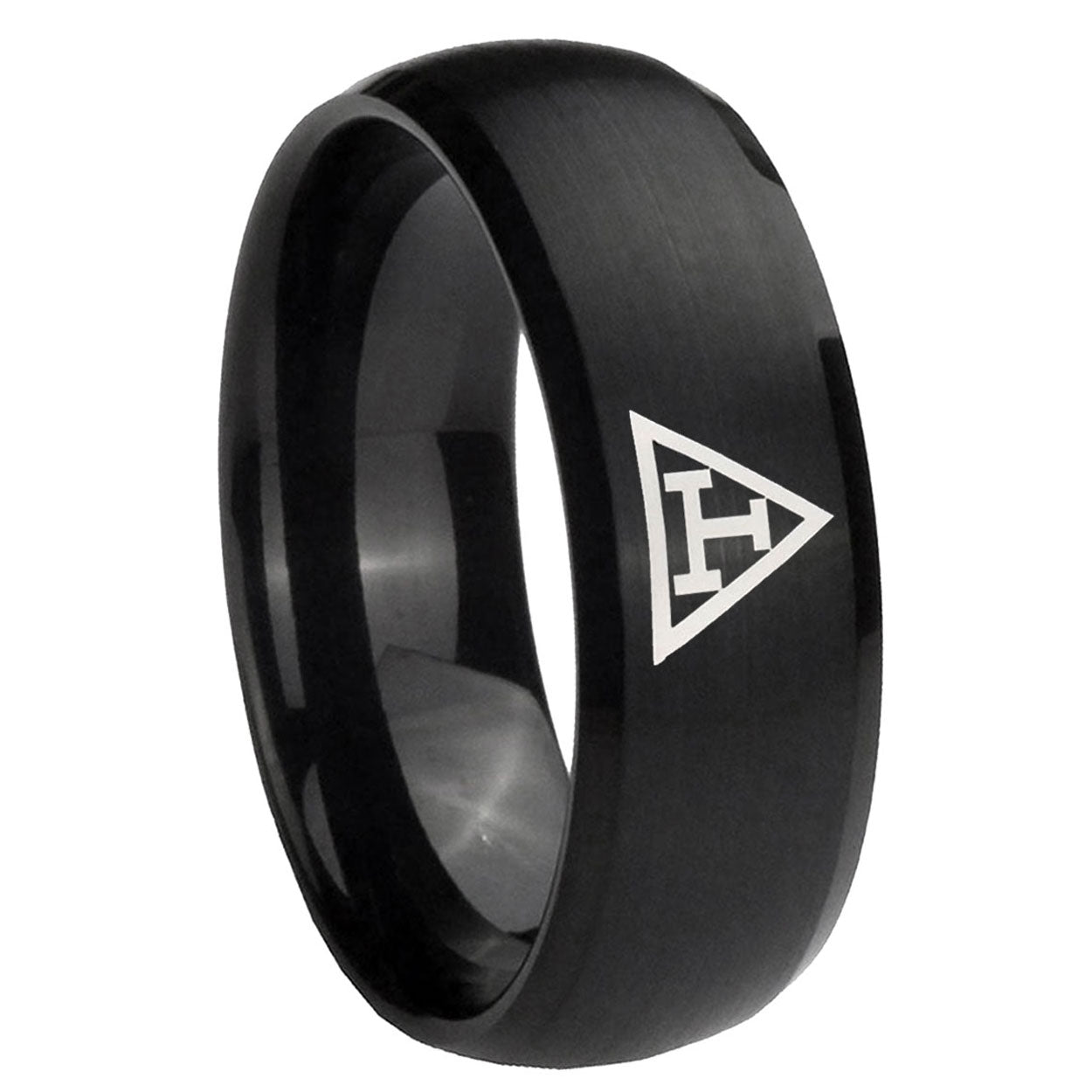 8MM Masonic Triple Dome Brush Black Tungsten Carbide Men's Ring
