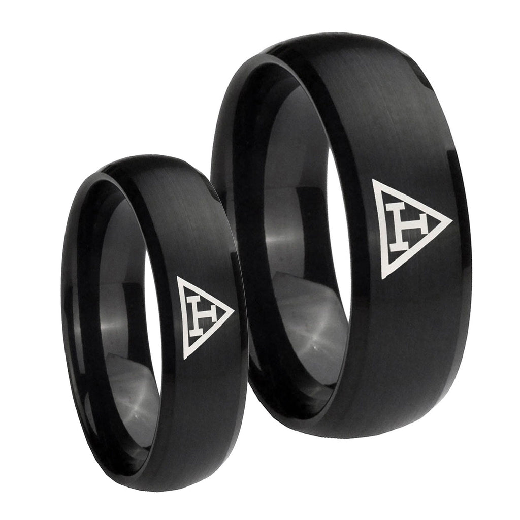 Masonic Triple Dome Brush Black Tungsten Bridal Set Ring