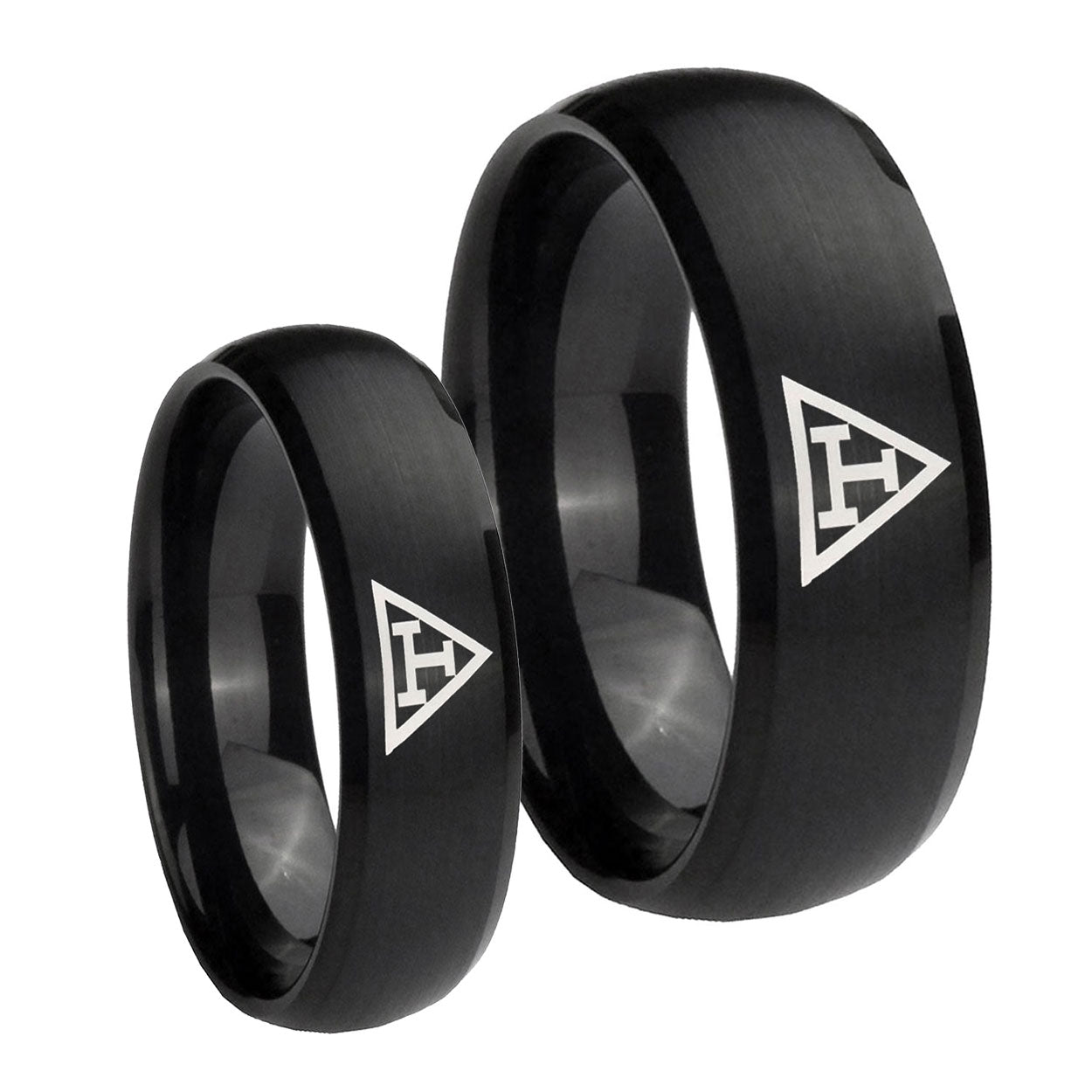 Masonic Triple Dome Brush Black Tungsten Bridal Set Ring