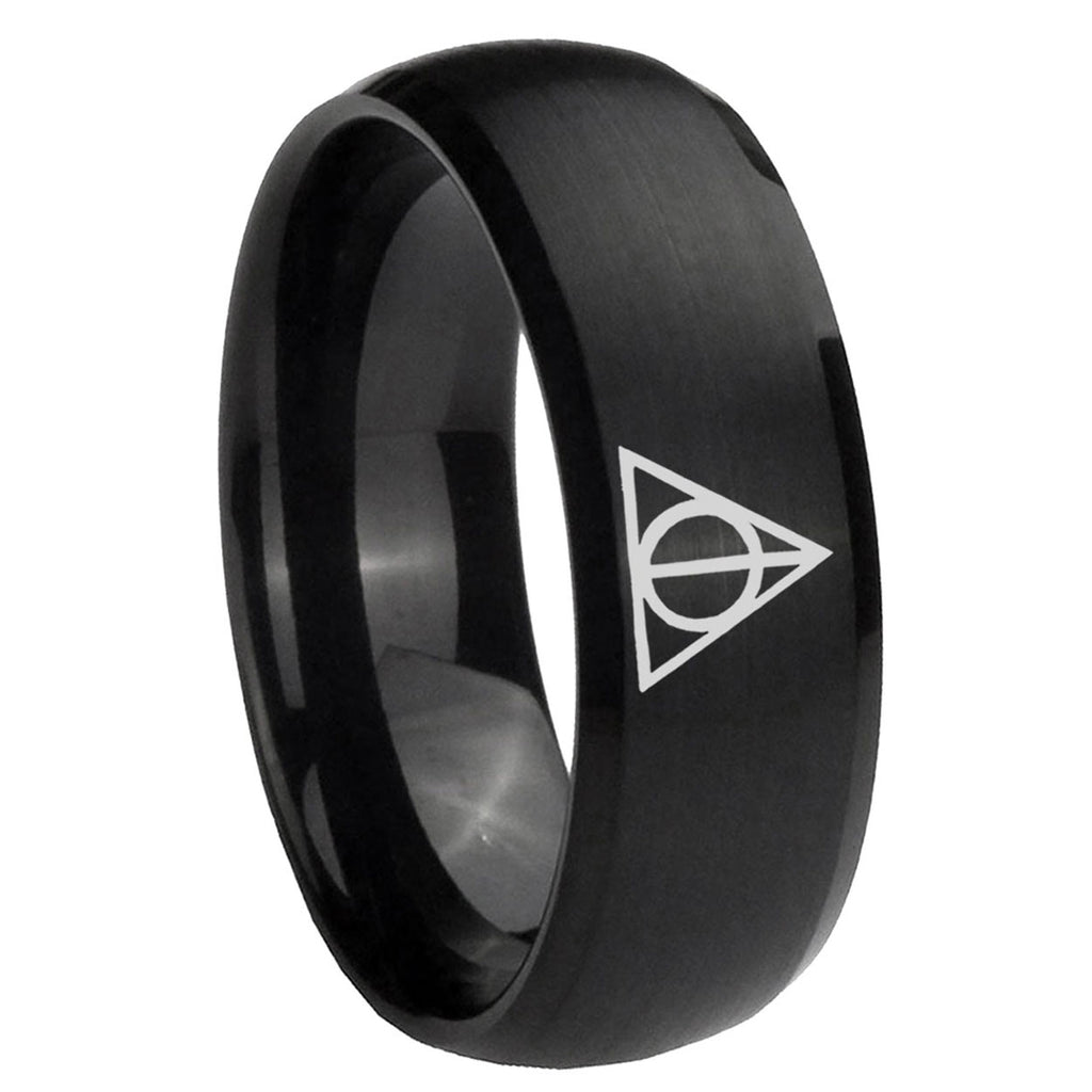 10mm Deathly Hallows Dome Brush Black Tungsten Carbide Custom Ring for Men