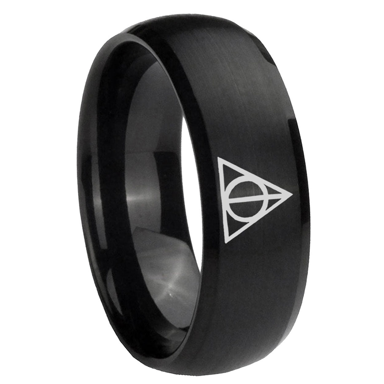 10mm Deathly Hallows Dome Brush Black Tungsten Carbide Custom Ring for Men