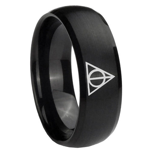 10mm Deathly Hallows Dome Brush Black Tungsten Carbide Custom Ring for Men