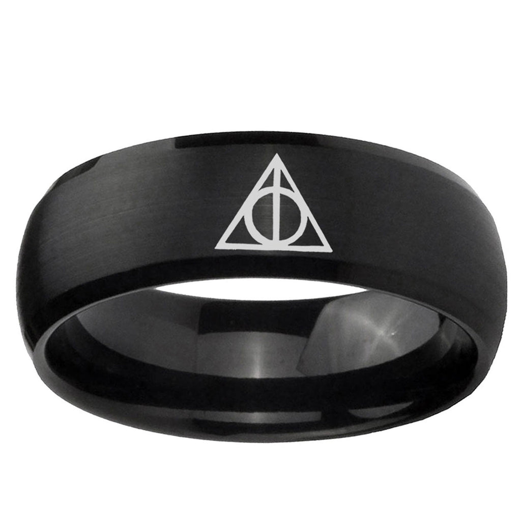 10mm Deathly Hallows Dome Brush Black Tungsten Carbide Custom Ring for Men