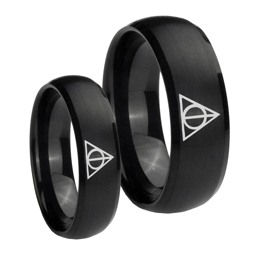 Deathly Hallows Dome Brush Black Tungsten Wedding Set Ring