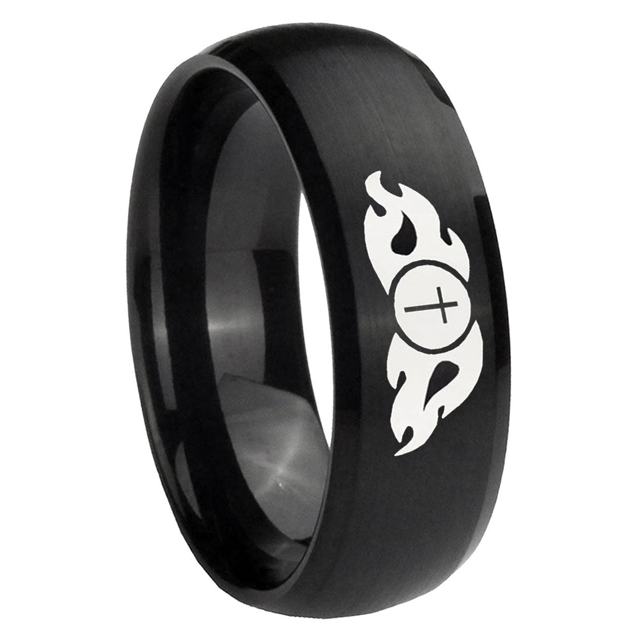 10mm Flamed Cross Dome Brush Black Tungsten Carbide Bands Ring