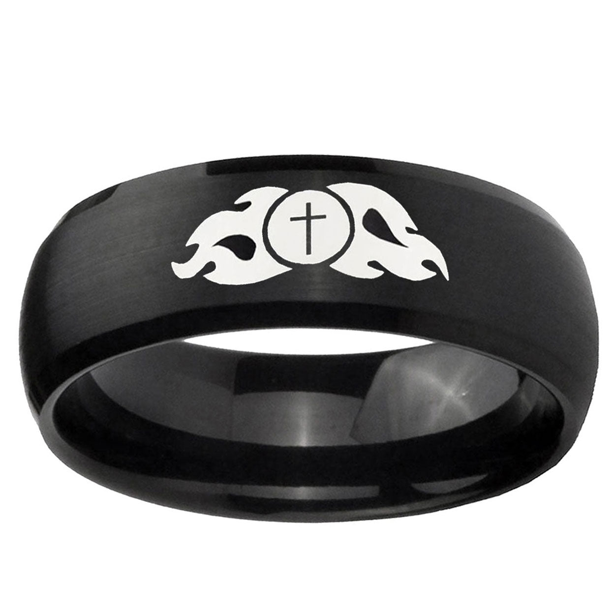 10mm Flamed Cross Dome Brush Black Tungsten Ring
