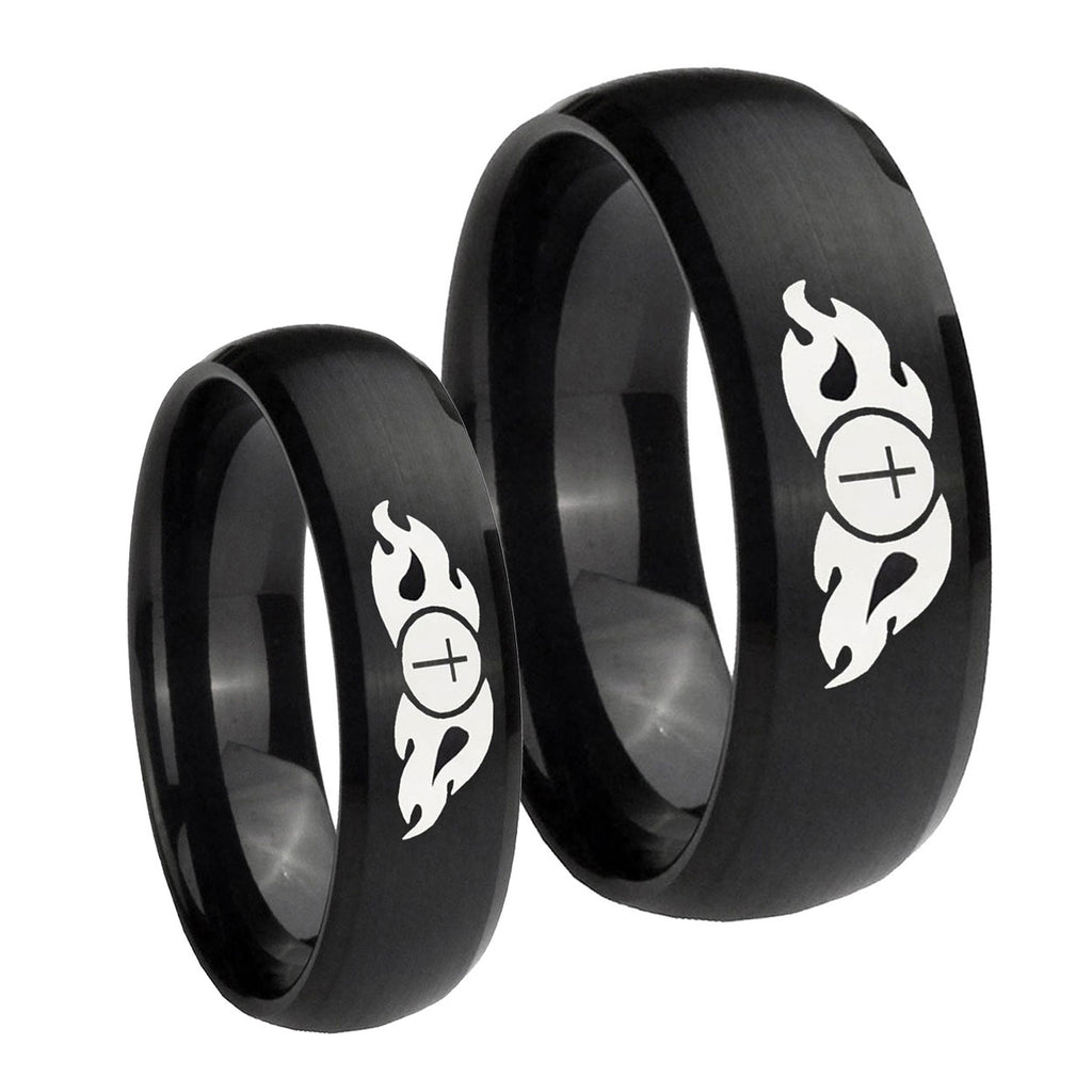 Flamed Cross Dome Brush Black Tungsten Bridal Band Set