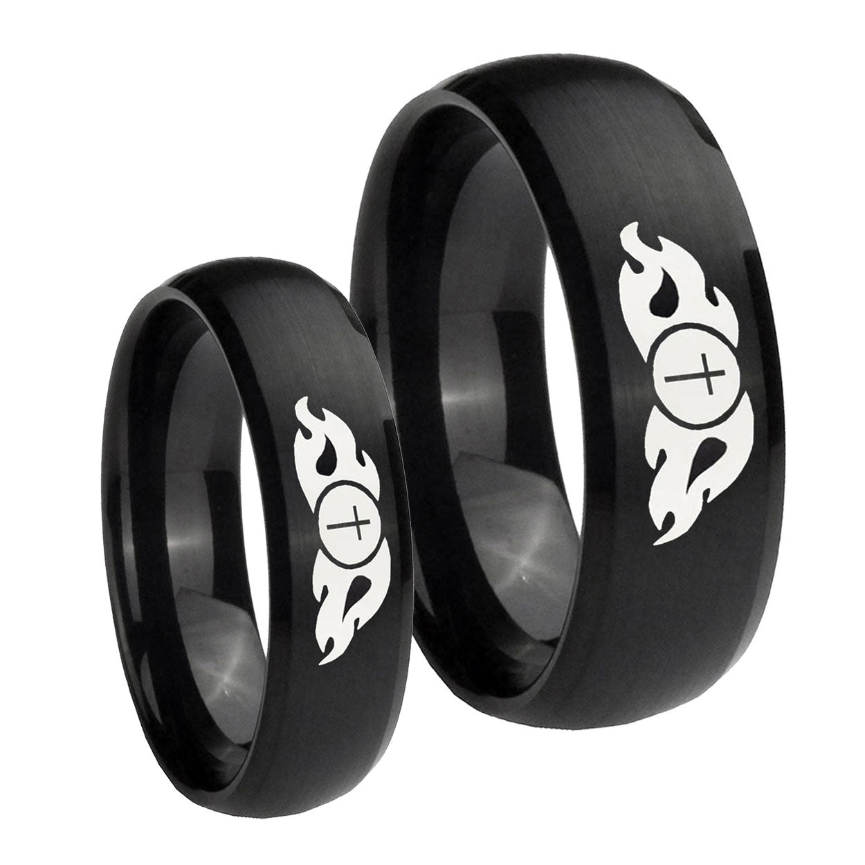 Flamed Cross Dome Brush Black Tungsten Bridal Band Set
